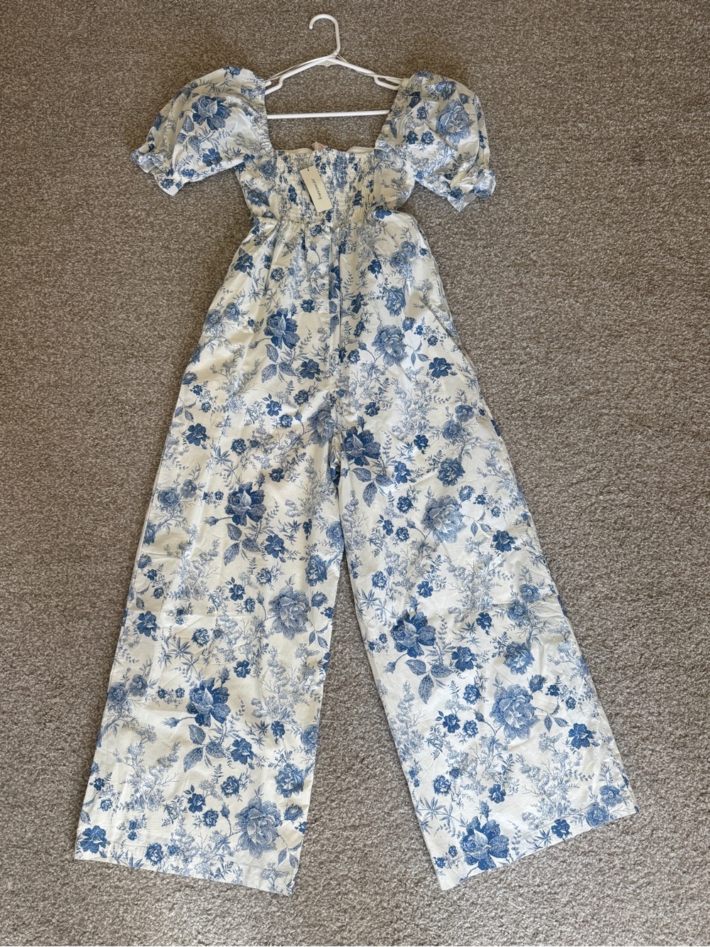 Francesca's Collections Blue Floral Puff-Sleeve Wide-Leg Jumpsuit - Size S - New
